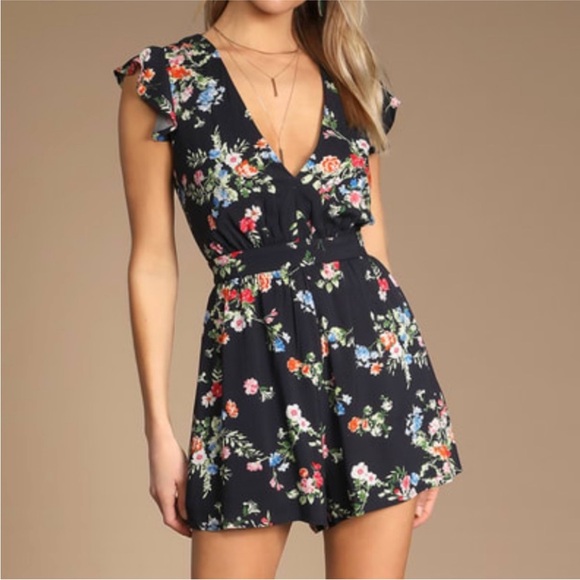Lulus Pants - NWT Lulu’s Call it a Crush Navy Blue Ruffled Floral Print Romper